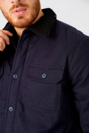 Terroso Borg Lined Cotton Overshirt Jacket with Collar in Navy - Tokyo Laundry