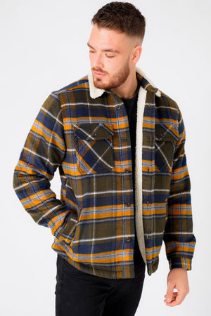 Retford Borg Lined Checked Brush Flannel Overshirt Jacket in Grape Leaf - Tokyo Laundry