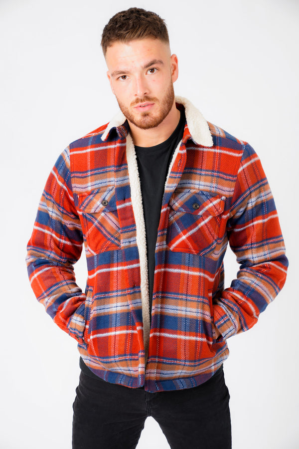 Retford Borg Lined Checked Brush Flannel Overshirt Jacket in Red Ochre - Tokyo Laundry