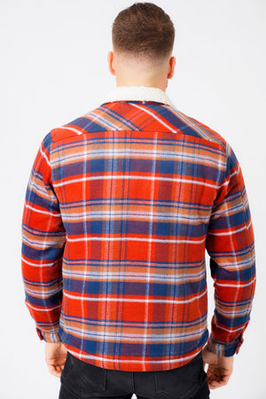 Retford Borg Lined Checked Brush Flannel Overshirt Jacket in Red Ochre - Tokyo Laundry