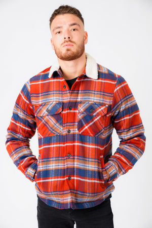 Retford Borg Lined Checked Brush Flannel Overshirt Jacket in Red Ochre - Tokyo Laundry