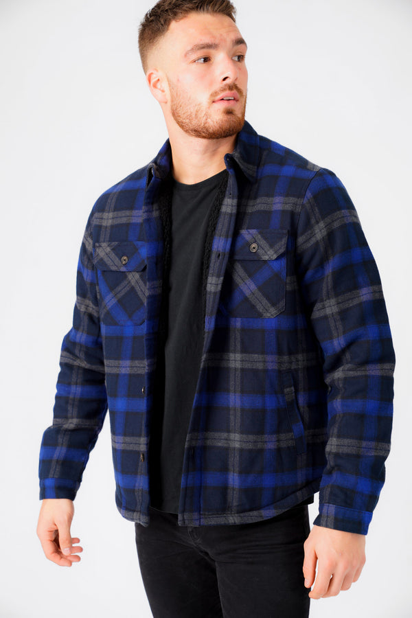 Herrick Borg Lined Checked Brush Flannel Overshirt Jacket in Blue Depths - Tokyo Laundry