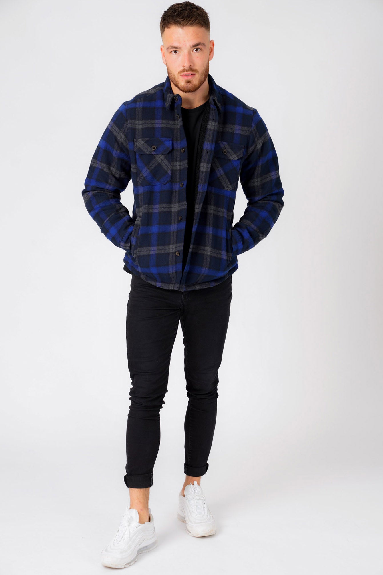 Andequal checked over jacket blue ジャケット Herrick Borg Lined