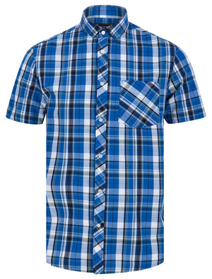 Cristobal Checked Cotton Short Sleeve Shirt in Blue Check  - Tokyo Laundry