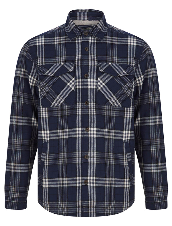 San Juan Borg Lined Cotton Flannel Checked Overshirt Jacket in Peacoat Navy Marl - Tokyo Laundry