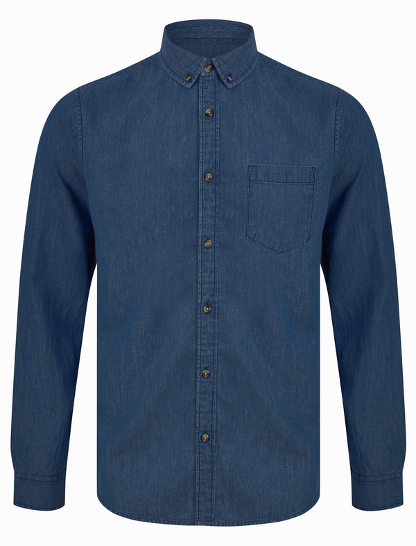 Umaji Long Sleeve Denim Shirt with Chest Pocket in Mid Blue Denim Wash - Tokyo Laundry