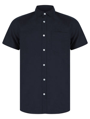 Bertrand Classic Collar Short Sleeve Cotton Linen Shirt in Sky Captain Navy - Tokyo Laundry