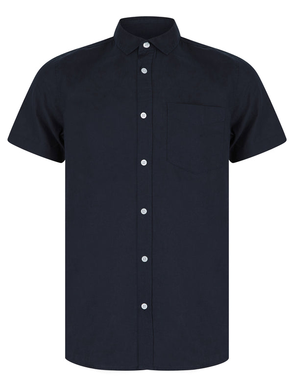 Bertrand Classic Collar Short Sleeve Cotton Linen Shirt in Sky Captain Navy - Tokyo Laundry