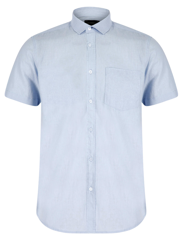 Bertrand Classic Collar Short Sleeve Cotton Linen Shirt in Soft Blue ...