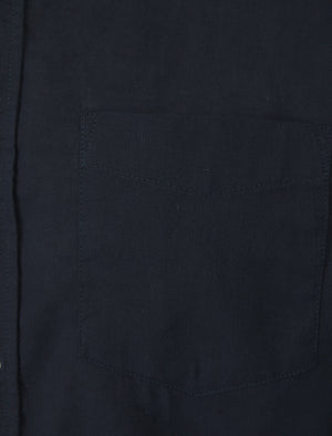 Gosier Grandad Collar Long Sleeve Cotton Linen Shirt in Sky Captain Navy - Tokyo Laundry