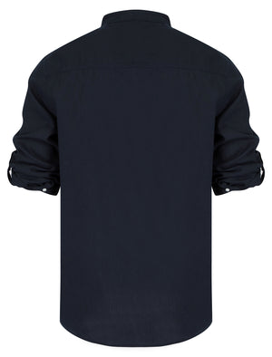 Gosier Grandad Collar Long Sleeve Cotton Linen Shirt in Sky Captain Navy - Tokyo Laundry