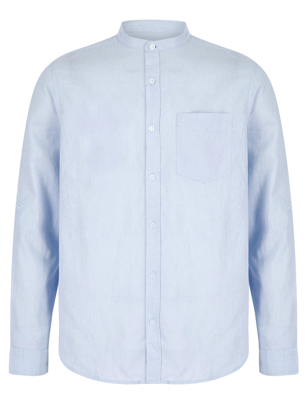 Gosier Grandad Collar Long Sleeve Cotton Linen Shirt in Soft Blue - Tokyo Laundry