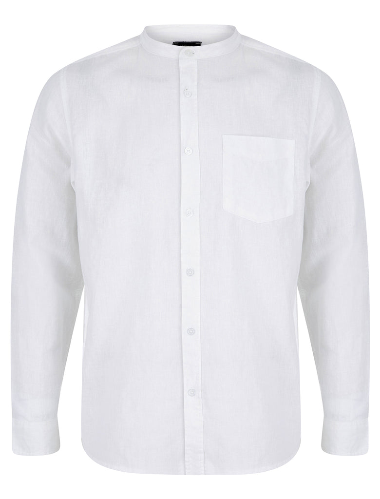 Gosier Grandad Collar Long Sleeve Cotton Linen Shirt in Bright White ...