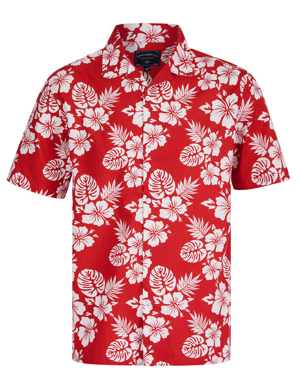 Chambal Floral Print Short Sleeve Open Collar Hawaiian Shirt in Washed Red - Tokyo Laundry