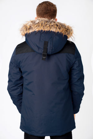 Haakon Colour Block Utility Parka Coat with Faux Fur Lined Hood in Iris Navy - Tokyo Laundry