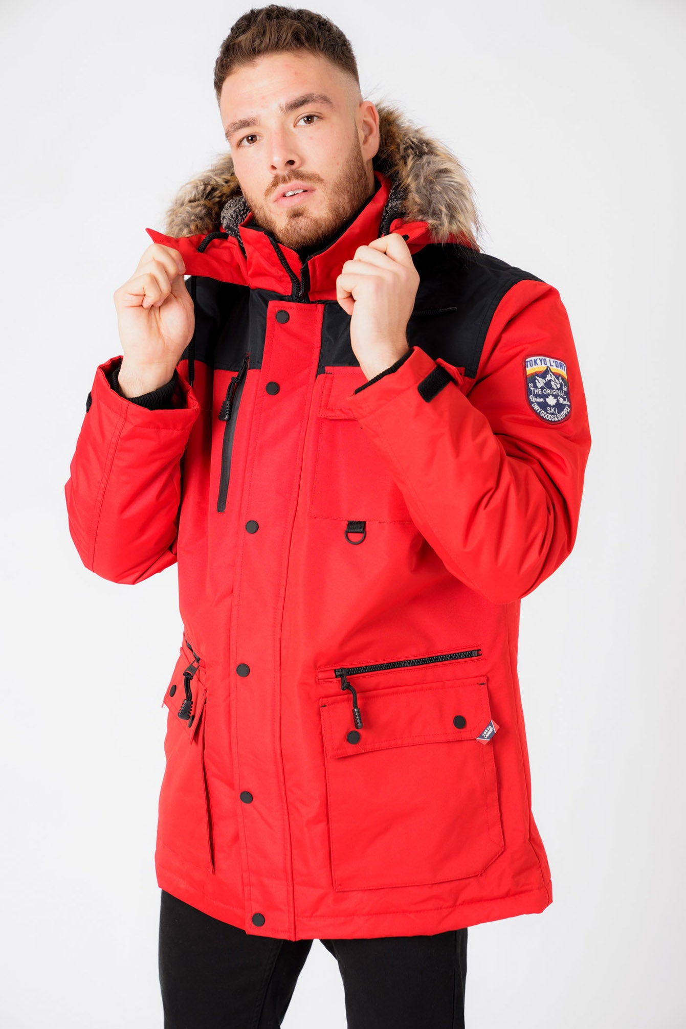 Haakon Colour Block Utility Parka Coat with Faux Fur Lined Hood in