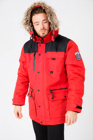 Haakon Colour Block Utility Parka Coat with Faux Fur Lined Hood in Barbados Cherry - Tokyo Laundry