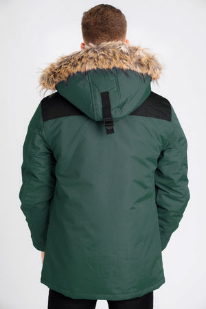 Haakon Colour Block Utility Parka Coat with Faux Fur Lined Hood in Pine Grove - Tokyo Laundry