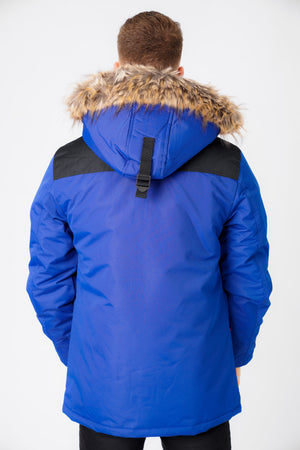 Haakon Colour Block Utility Parka Coat with Faux Fur Lined Hood in Sodalite Blue - Tokyo Laundry