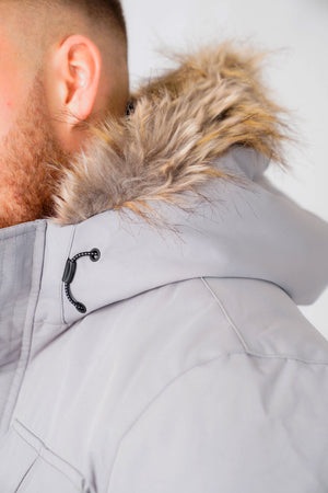 Hjalmar Utility Parka Coat with Fleece Lined Faux Fur Trim Hood in Light Griffin Grey - Tokyo Laundry