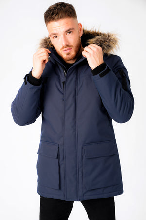 Nolte Utility Parka Coat with Borg Lined Faux Fur Trim Hood in Navy - Tokyo Laundry