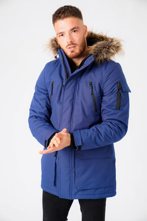 Nolte Utility Parka Coat with Borg Lined Faux Fur Trim Hood in Medieval Blue - Tokyo Laundry