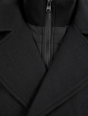 Zemu Double Breasted Wool Look Pea Coat with Quilted Mock Insert in Black - Tokyo Laundry