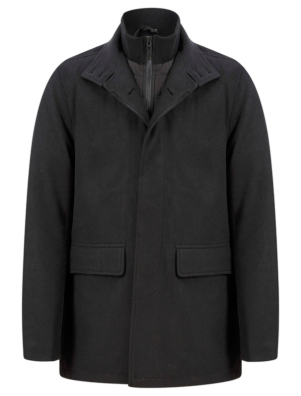 Indus Wool Look Funnel Neck Collar Tailored Coat with Quilted Mock Insert in Black - Tokyo Laundry