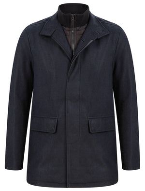 Indus Wool Look Funnel Neck Collar Tailored Coat with Quilted Mock Insert in Navy - Tokyo Laundry