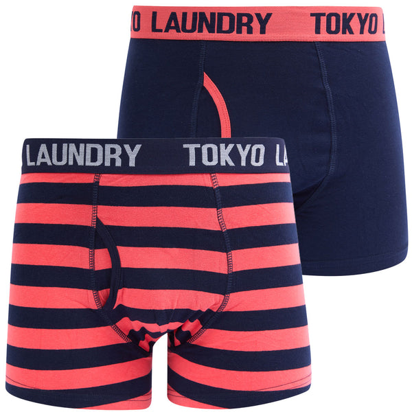 Saber (2 Pack) Striped Boxer Shorts Set in Dubarry Coral / Sky Captain Navy - Tokyo Laundry