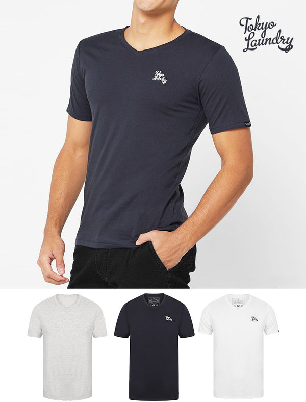 Essentials (3 Pack) V Neck Cotton T-Shirts In Bright White / Heather Grey Marl / Iris Navy - Tokyo Laundry