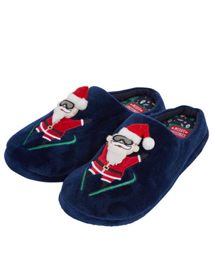 Men's Inky 3D Santa Claus Christmas Mule Slippers in Navy - Merry Christmas