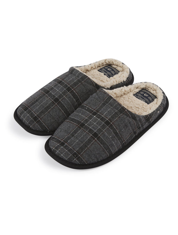 Deagal Faux Wool Checked Mule Slippers with Sherpa Fleece Lining in Grey - Tokyo Laundry