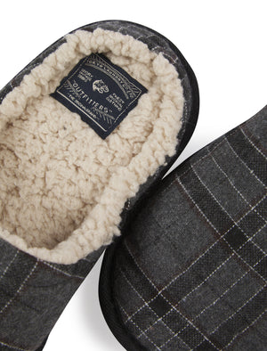 Deagal Faux Wool Checked Mule Slippers with Sherpa Fleece Lining in Grey - Tokyo Laundry