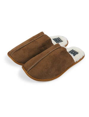 Howarth Faux Suede Centre Seam Mule Slippers with Faux Fur Lining in Tan - Tokyo Laundry