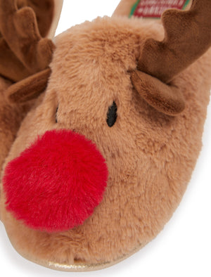 Men's Rudy Red Nose 3D Rudolph Reindeer Faux-Fur Christmas Mule Slippers in Light Brown - Merry Christmas
