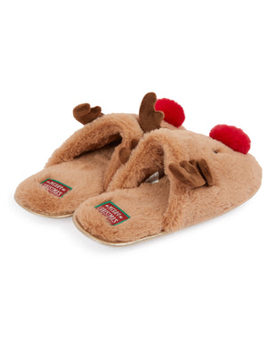 Men's Rudy Red Nose 3D Rudolph Reindeer Faux-Fur Christmas Mule Slippers in Light Brown - Merry Christmas
