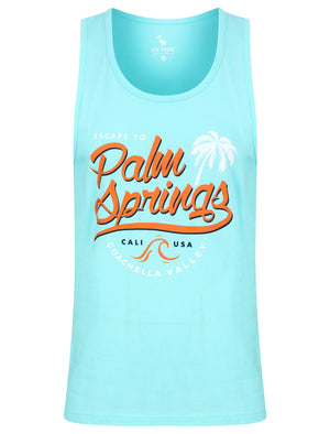Palm Springs Motif Print Cotton Vest Top in Limpet Shell Blue - South Shore