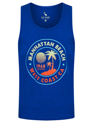 Manhattan Beach Motif Print Cotton Vest Top in Sea Surf Blue - South Shore