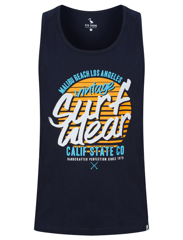 Surf Wear Motif Print Cotton Vest Top in Sky Captain Navy - South Shore