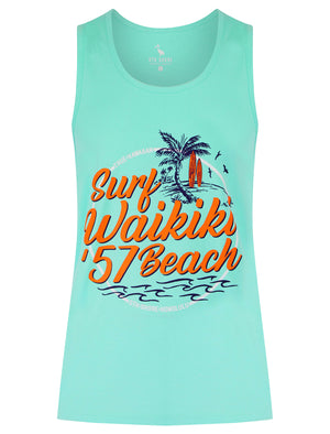 Waikiki Beach Motif Print Cotton Vest Top in Aqua Splash - South Shore