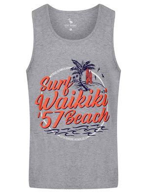 Waikiki Beach Motif Print Cotton Vest Top in Light Grey Marl - South Shore