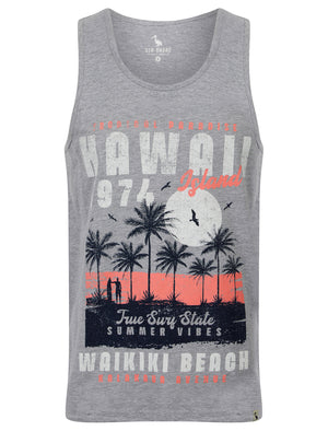 Hawaii Island Motif Print Cotton Vest Top in Light Grey Marl - South Shore