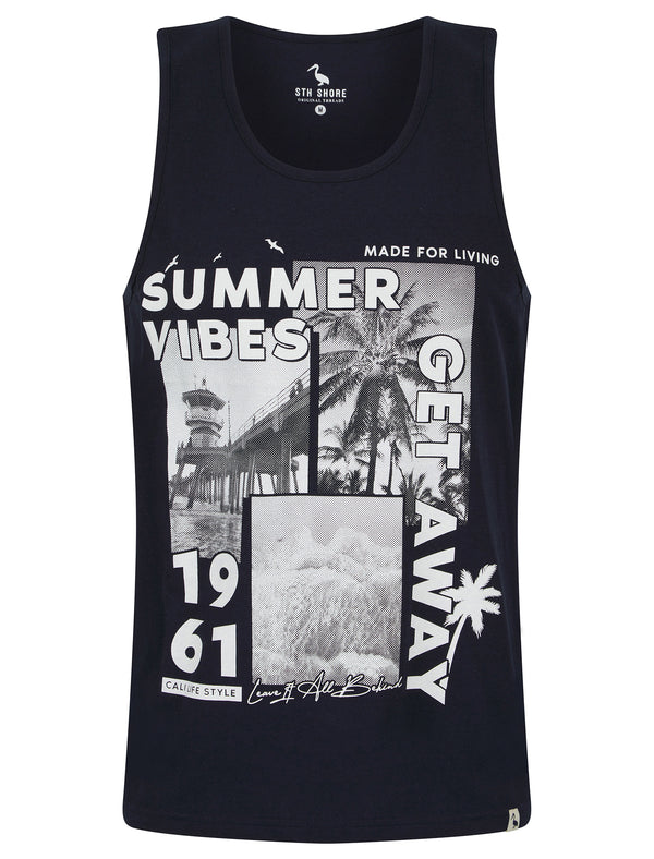 Made For Motif Print Cotton Vest Top in Sky Captain Navy - South Shore