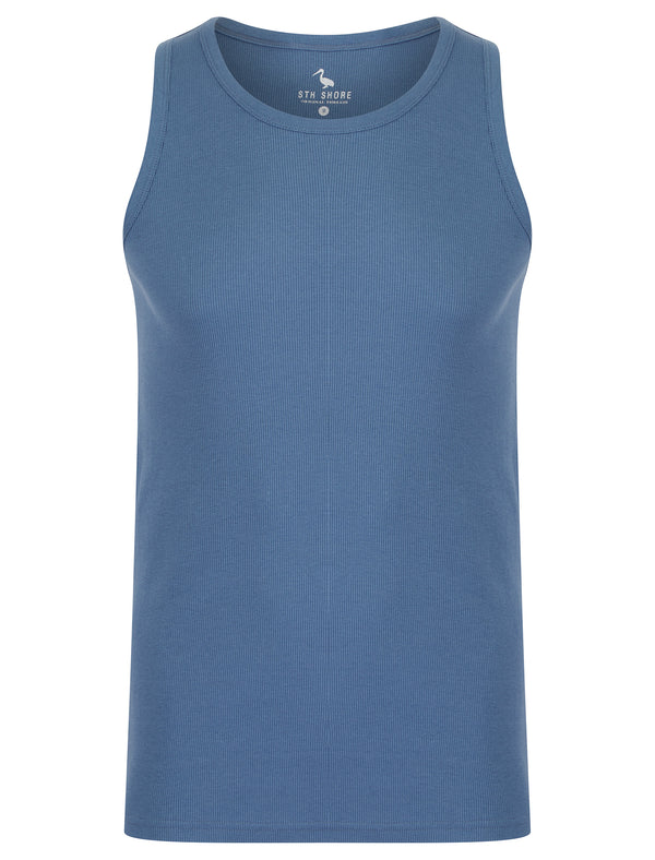 Jeremy Cotton Ribbed Plain Vest Top in Blue Horizon - South Shore