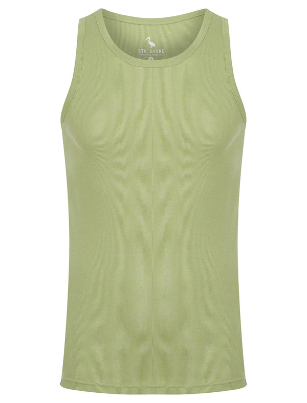 Jeremy Cotton Ribbed Plain Vest Top in Seagrass - South Shore