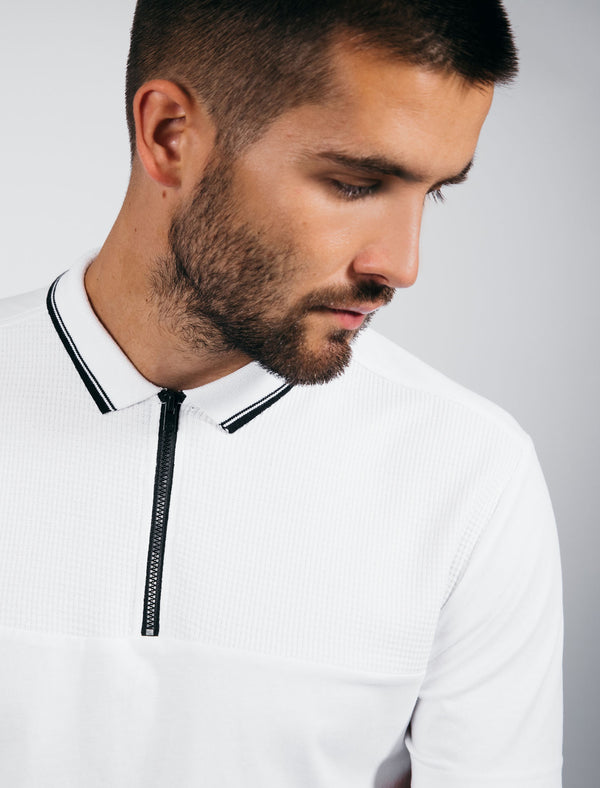 Lyon Zip Neck Cotton Jersey Polo Shirt in Optic White - Dissident