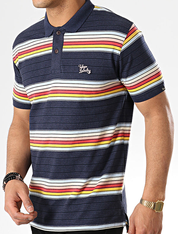 Bakersfield Striped Cotton Jersey Polo Shirt in Medieval Blue Marl - Tokyo Laundry