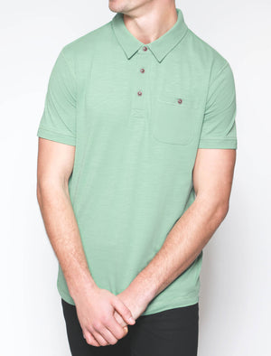 Pale Cotton Slub Polo Shirt with Chest Pocket in Feldspar Green - South Shore