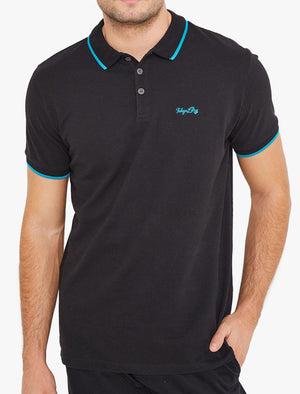 Talibu Cotton Pique Polo Shirt with Neon Tipping In Jet Black - Tokyo Laundry